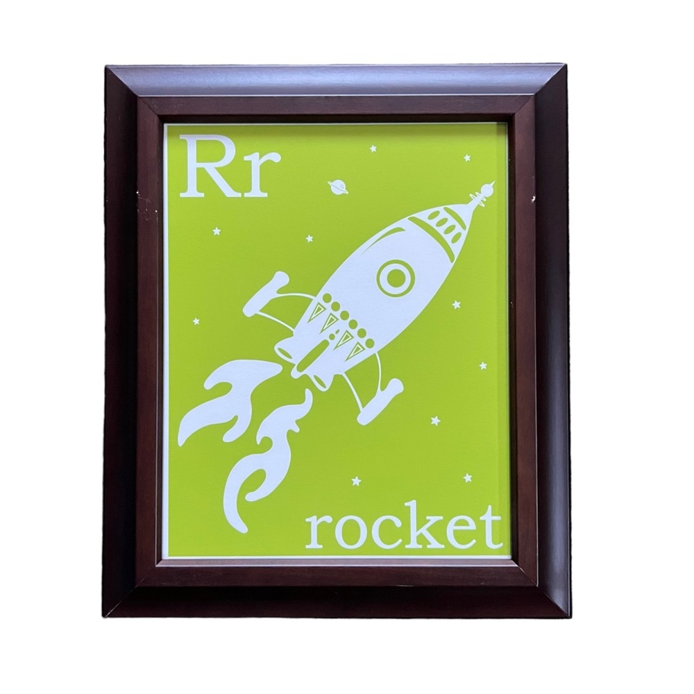 Rr Rocket Space Wall Art Children Kid's Bedroom Decor Wooden Frame 10.25"x12.25"